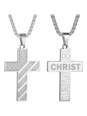 Silver American Flag Christ Cross Necklace Men Stainless Steel Box Chain 22 inch